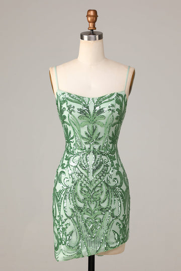 Fantasifull Flirt Bodycon Spaghetti Remmar Gröna paljetter Kort Homecoming Klänning